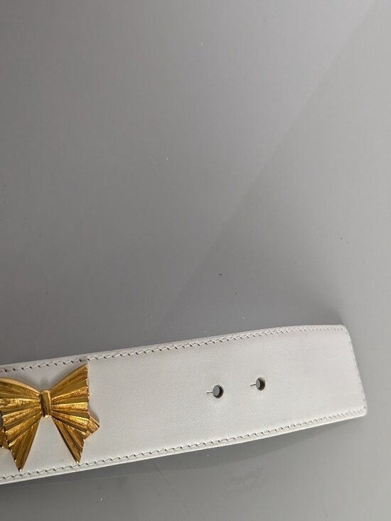 Escada Vintage White Leather Belt Gold Tone Bow Studs Bow Belt Buckle